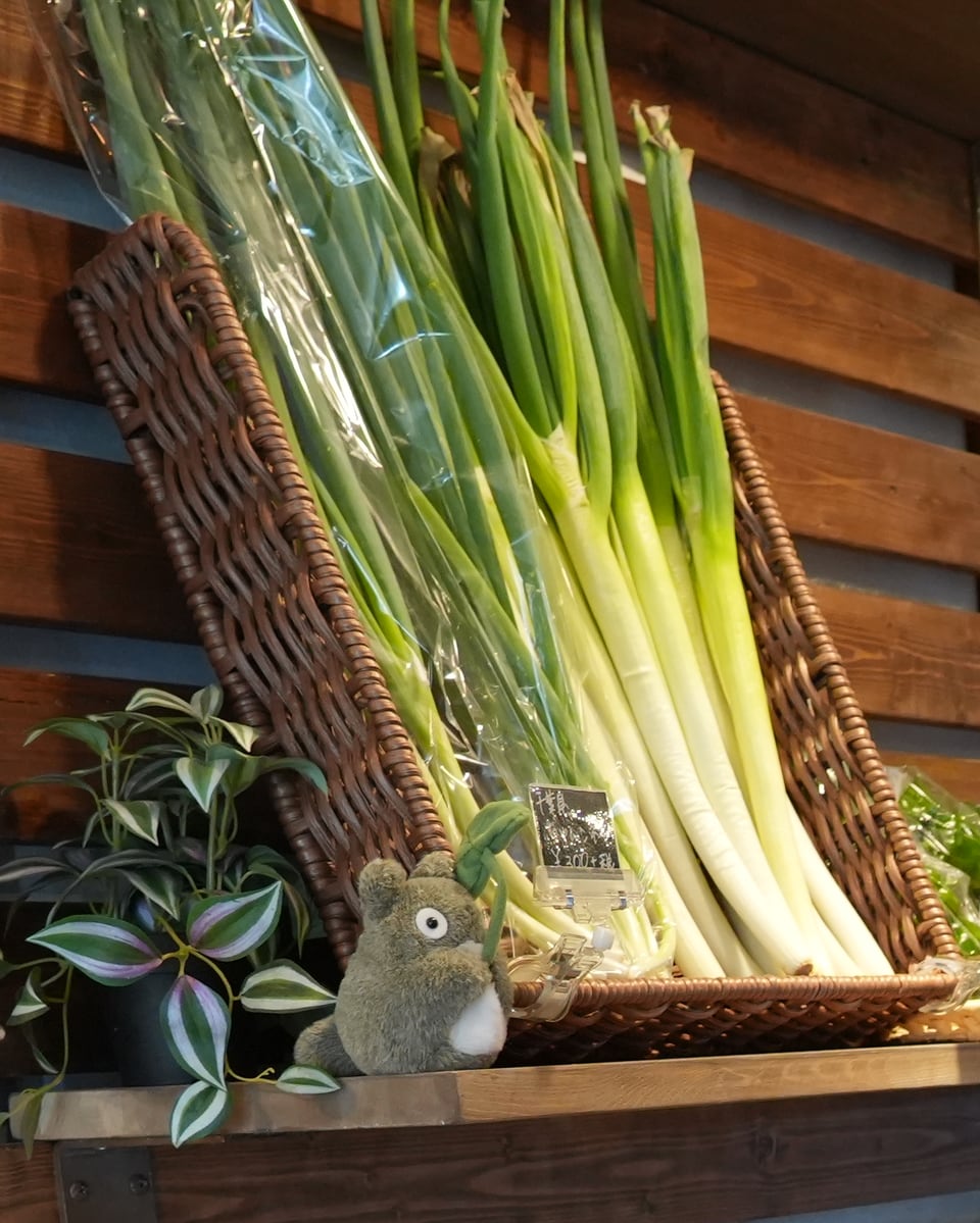 かごに立てかけた長ねぎと、木の棚に並ぶ野菜